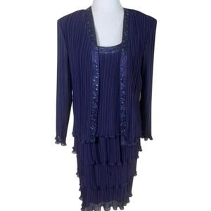 Vintage Patra Size 14 Tiered Pleated Chiffon Jacket Dress Navy Blue Formal